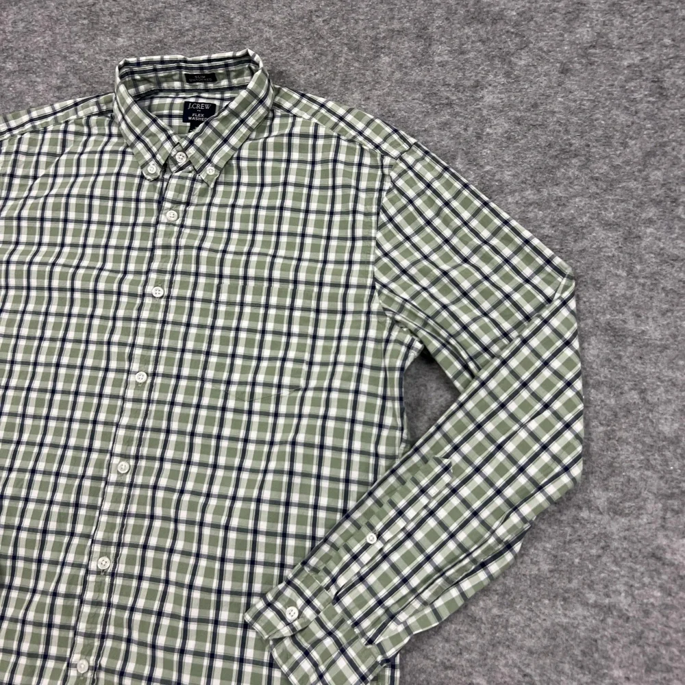 J Crew Shirt Mens XL Green Plaid Flex Washed Slim Untucked Button Up Stretch